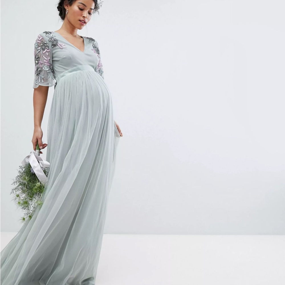 Maya Maternity Embellished Tulle Sleeve Maxi Tulle Dress sz US 4 UK 8